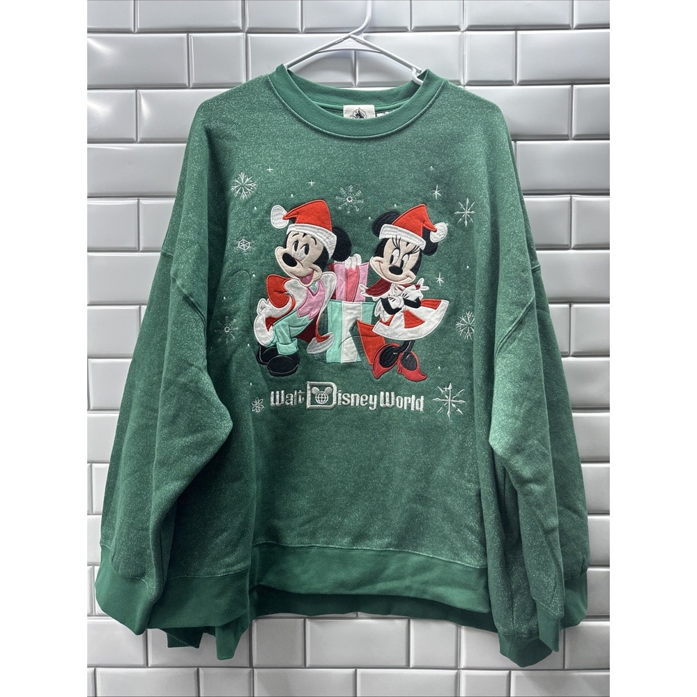 Disney Parks Women's Size 3XL Mickey & Minnie Christmas Sweater Green Sparkle